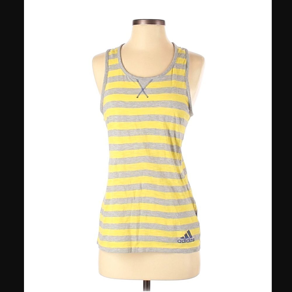 Adidas Tank Top S Workout Athletic Racerback Striped Yellow Gray Athleisure Gym